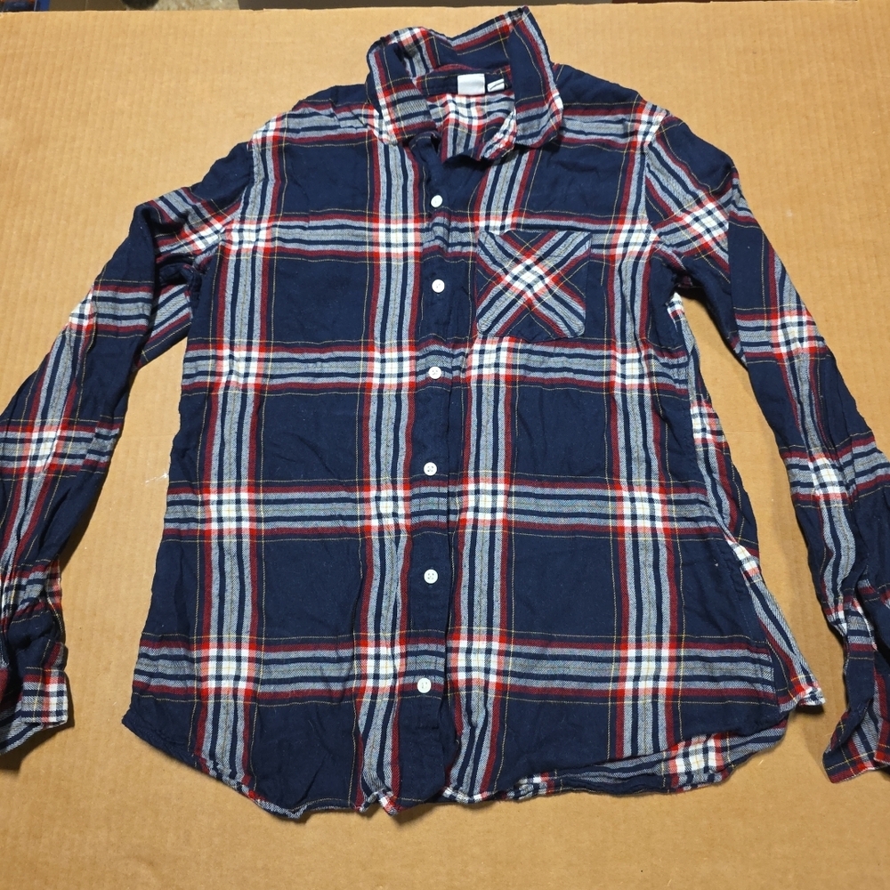 Gap Woman's Ladies Medium Blouse Shirt Flannel Plaid Red White Blue